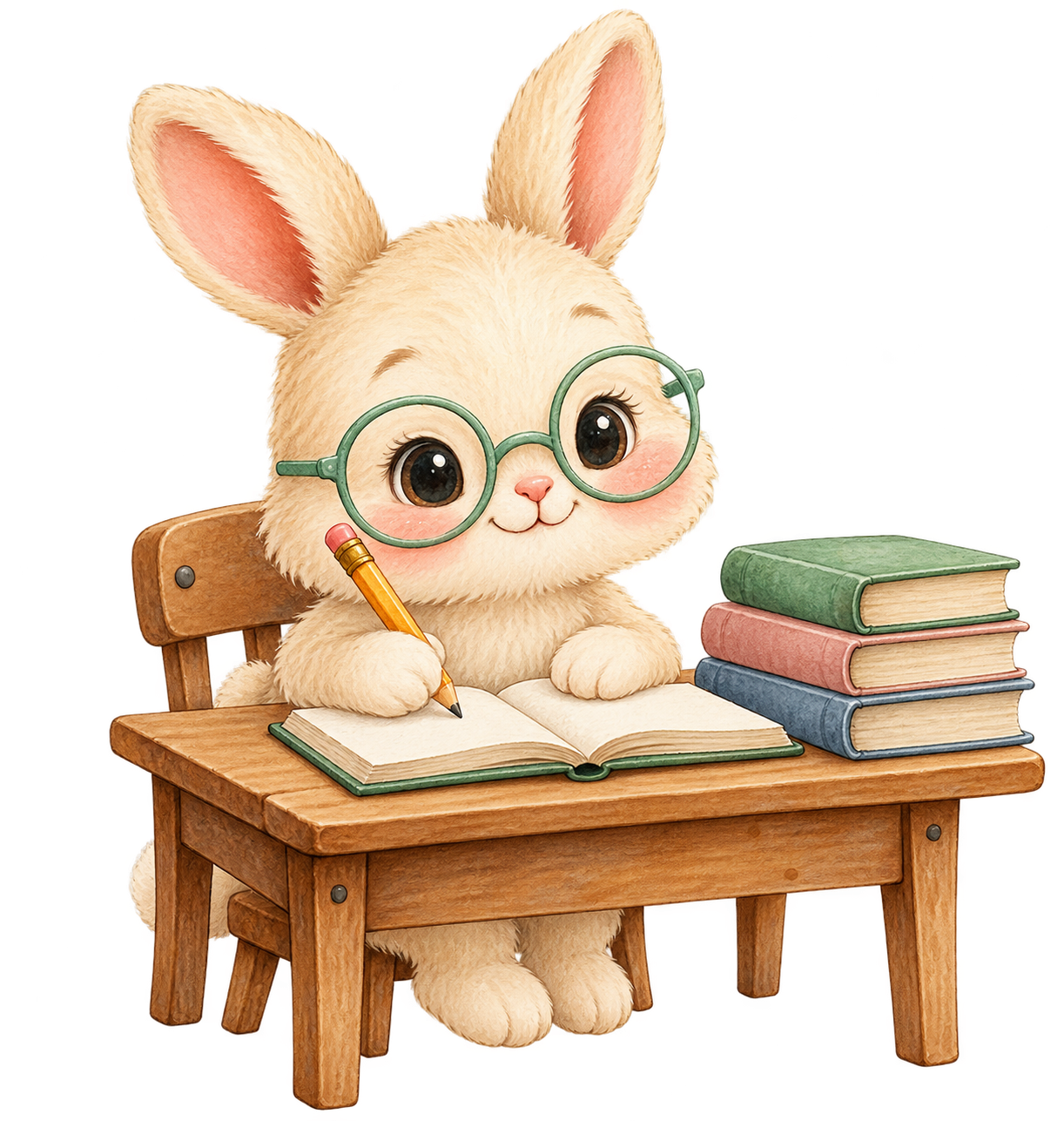 A cream bunny writing in a notebook at a desk