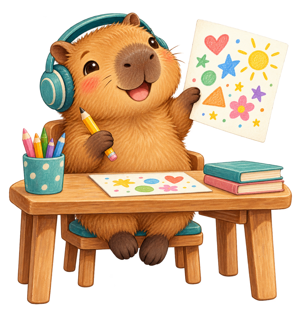 A capybara with headphones proudly showing a colorful doodle sheet