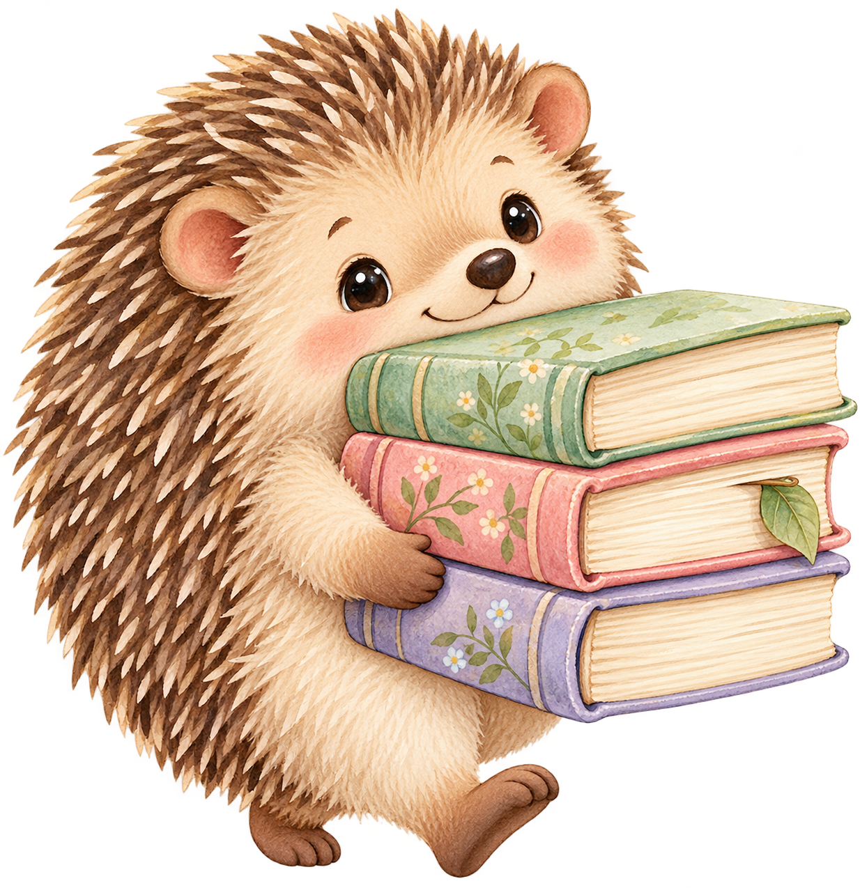 A little hedgehog carrying a stack of pastel books