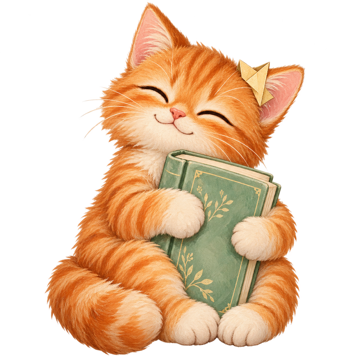A happy orange kitten cuddling a green book